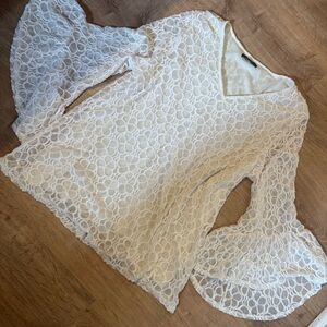 Cottagecore Lace Bell Sleeve Boho Sheer Blouse - Cream Size Large